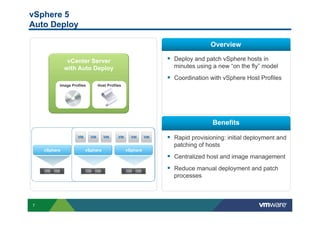 vSphere 5
Auto Deploy

                                                                      Overview

               vCenter Server                         §  Deploy and patch vSphere hosts in
              with Auto Deploy                          minutes using a new “on the fly” model
                                                      §  Coordination with vSphere Host Profiles
          Image Profiles    Host Profiles




                                                                       Benefits

                                                      §  Rapid provisioning: initial deployment and
                                                        patching of hosts
    vSphere            vSphere              vSphere
                                                      §  Centralized host and image management
                                                      §  Reduce manual deployment and patch
                                                        processes



7
 
