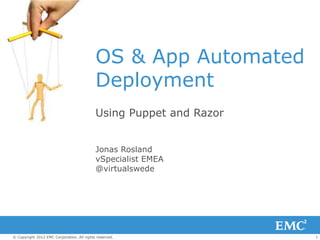 OS & App Automated
                                            Deployment
                                            Using Puppet and Razor


                                            Jonas Rosland
                                            vSpecialist EMEA
                                            @virtualswede




© Copyright 2012 EMC Corporation. All rights reserved.               1
 
