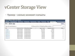 vCenter Storage View
• Пример – сколько занимают снапшоты
 