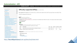 Automatization - API
https://YourvROpsInstance/suite-api/docs/rest/index.html
 