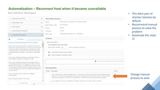 Automatization – Reconnect host when it became unavailable
Change manual
process to auto
• This Alert part of
vCenter Solution by
default
• Recommend manual
process to solve the
problem
• Automate this step!

 