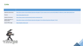 Links
Application Monitoring https://docs.vmware.com/en/vRealize-Operations-Manager/7.5/com.vmware.vcom.core.doc/GUID-D9692377-6DDB-4321-9200-79D5F12D4234.html
Postman https://www.getpostman.com/
vRealize Orchestrator https://www.vmware.com/hu/products/vrealize-orchestrator.html
vRealize Operation 7.5
Release Notes
https://docs.vmware.com/en/vRealize-Operations-Manager/7.5/rn/vRealize-Operations-Manager-75.html
vExpert Official page https://vexpert.vmware.com/
 