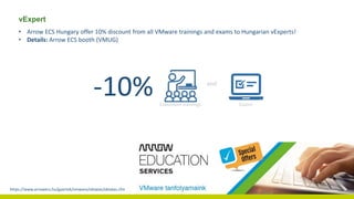 vExpert
https://www.arrowecs.hu/gyartok/vmware/oktatas/oktatas.cfm
• Arrow ECS Hungary offer 10% discount from all VMware trainings and exams to Hungarian vExperts!
• Details: Arrow ECS booth (VMUG)
-10% Classroom trainings Exams
and
 