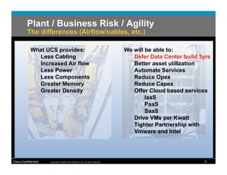 Plant / Business Risk / Agility
         The differences (Airflow/cables, etc.)

            What UCS provides:                                                   We will be able to:
              Less Cabling                                                          Defer Data Center build 3yrs
              Increased Air flow                                                    Better asset utilization
              Less Power                                                            Automate Services
              Less Components                                                       Reduce Opex
              Greater Memory                                                        Reduce Capex
              Greater Density                                                       Offer Cloud based services
                                                                                         IaaS
                                                                                         PaaS
                                                                                         SaaS
                                                                                    Drive VMs per Kwatt
                                                                                    Tighter Partnership with
                                                                                    Vmware and Intel




Cisco Confidential   Copyright © 2008 Cisco Systems, Inc. All rights reserved.                               36
 