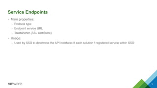 Service Endpoints
• Main properties:
– Protocol type
– Endpoint service URL
– Trustanchor (SSL certificate)
• Usage:
– Used by SSO to determine the API interface of each solution / registered service within SSO
12
 