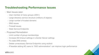Troubleshooting Performance Issues
• Main Issues seen
– User member of many groups (200+)
– Large directory service structure (millions of objects)
– Large number of trusted domains
– DNS issues
– Firewall issues
– Stale Service Endpoints
• Proposed Remediation
– Limit number of group memberships
– Increase AD timeout settings in vCenter Server settings
– Fix stale DNS entries
– Delete unnecessary Service Endpoints using ssolscli
– If feasible adding AD users to “SSO administrators” can improve login performance
22
 