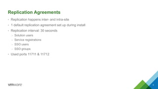 Replication Agreements
• Replication happens inter- and intra-site
• 1 default replication agreement set up during install
• Replication interval: 30 seconds
– Solution users
– Service registrations
– SSO users
– SSO groups
• Used ports 11711 & 11712
8
 