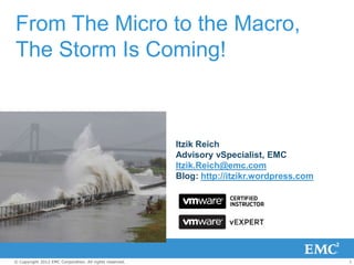 From The Micro to the Macro,
The Storm Is Coming!



                                                         Itzik Reich
                                                         Advisory vSpecialist, EMC
                                                         Itzik.Reich@emc.com
                                                         Blog: http://itzikr.wordpress.com




© Copyright 2012 EMC Corporation. All rights reserved.                                       1
 