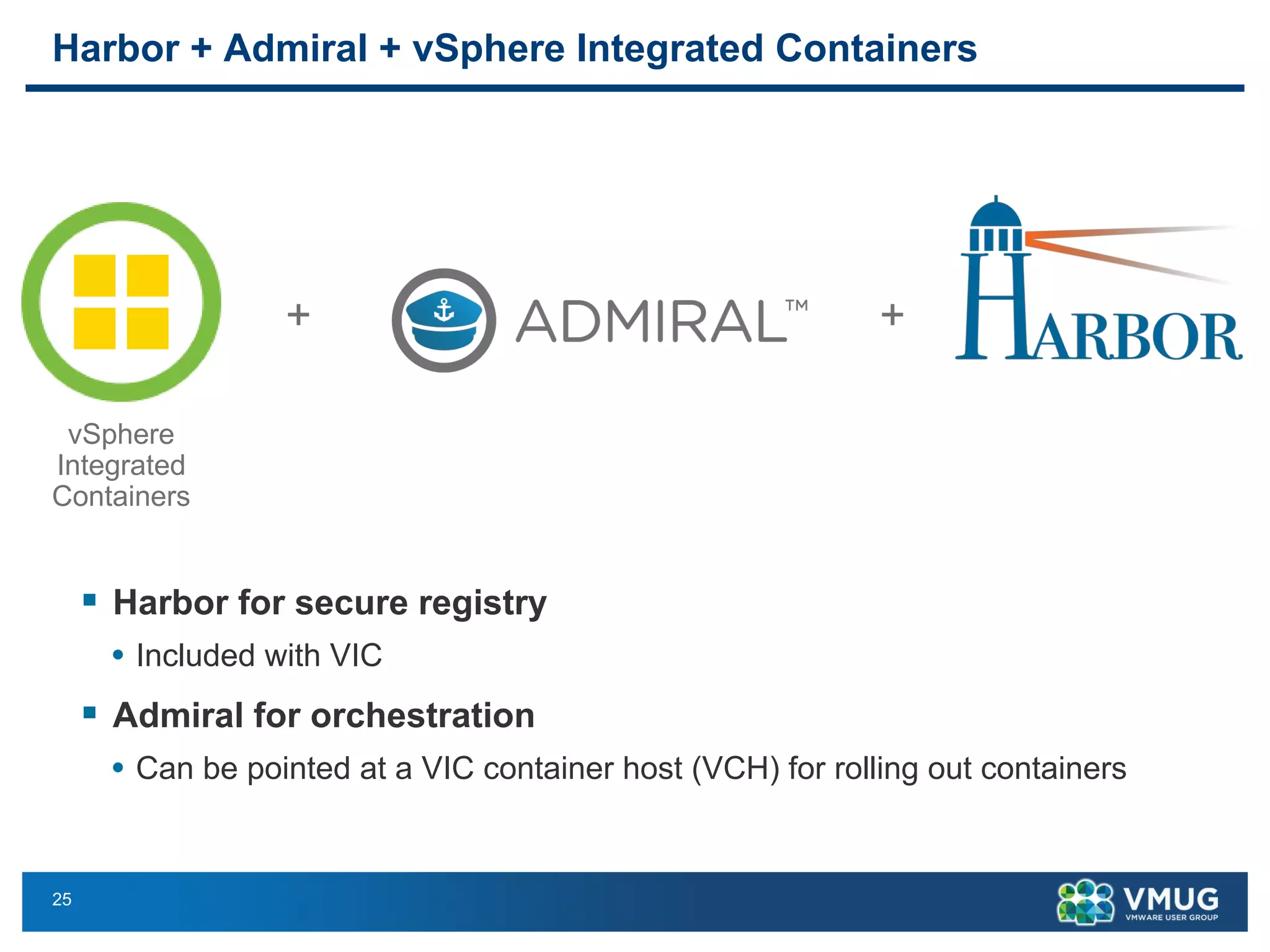 25
Harbor + Admiral + vSphere Integrated Containers
vSphere
Integrated
Containers
+ +
§ Harbor for secure registry
• Included with VIC
§ Admiral for orchestration
• Can be pointed at a VIC container host (VCH) for rolling out containers
 