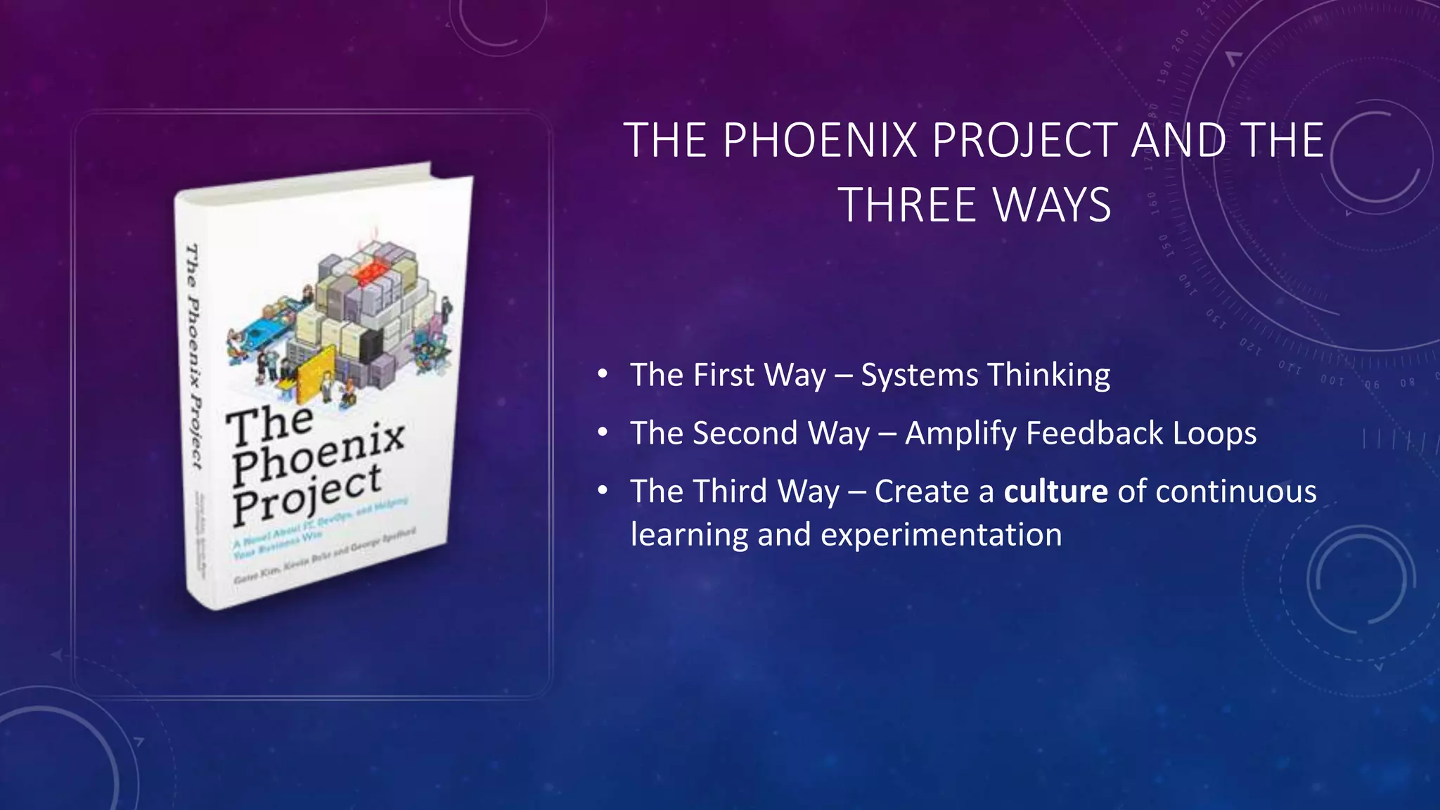 THE PHOENIX PROJECT AND THE
THREE WAYS
• The First Way – Systems Thinking
• The Second Way – Amplify Feedback Loops
• The Third Way – Create a culture of continuous
learning and experimentation
 