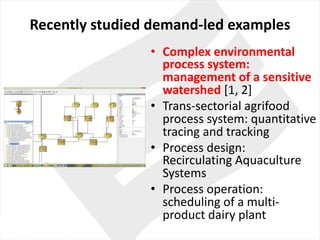 Recently studied demand-led examples
• Complex environmental
process system:	
management	of	a	sensitive
watershed [1,	2]
• Trans-sectorial agrifood
process system:	quantitative
tracing and	tracking
• Process design:	
Recirculating Aquaculture
Systems
• Process operation:	
scheduling of	a	multi-
product dairy plant
 