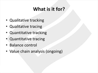 What is	it for?
• Qualitative tracking
• Qualitative tracing
• Quantitative tracking
• Quantitative tracing
• Balance control
• Value chain analysis (ongoing)
 