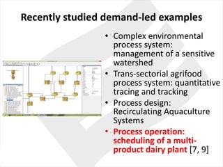 Recently studied demand-led examples
• Complex environmental
process system:	
management	of	a	sensitive
watershed
• Trans-sectorial agrifood
process system:	quantitative
tracing and	tracking
• Process design:	
Recirculating Aquaculture
Systems
• Process operation:	
scheduling of	a	multi-
product dairy plant [7,	9]
 
