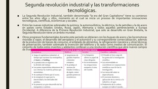 Segunda revolución industrial y las transformaciones
tecnológicas.
■ La Segunda Revolución Industrial, también denominada “la era del Gran Capitalismo” tiene su comienzo
entre los años 1850 y 1870, momento en el cual se inicia un proceso de importantes innovaciones
tecnológicas, científicas, económicas y sociales.
■ Entre las nuevas industrias sobresalen la química, la automovilística, la eléctrica, la de petróleo y la de acero
en países como Estados Unidos, Rusia, Japón, Alemania y todos aquellos pertenecientes a Europa
Occidental. A diferencia de la Primera Revolución Industrial, que solo se desarrollo en Gran Bretaña, la
Segunda Revolución tiene un ámbito mundial.
■ Otros progresos fundamentales durante este periodo se obtienen con los buques de acero y las locomotoras
movidas a vapor, el desarrollo del aeroplano y el automóvil y su correspondiente comercialización, además
de la producción de bienes de consumo, el enlatado de alimentos, la refrigeración mecánica y otras técnicas
de preservación; también sobresale la invención del teléfono y la radio como medios de comunicación. El
conjunto de todos estos inventos y adelantos conllevan a una revolución científica que abre nuevos campos
de investigación.
 