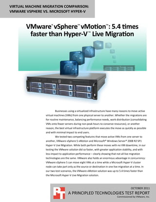 VIRTUAL MACHINE MIGRATION COMPARISON:
VMWARE VSPHERE VS. MICROSOFT HYPER-V
OCTOBER 2011
A PRINCIPLED TECHNOLOGIES TEST REPORT
Commissioned by VMware, Inc.
Businesses using a virtualized infrastructure have many reasons to move active
virtual machines (VMs) from one physical server to another. Whether the migrations are
for routine maintenance, balancing performance needs, work distribution (consolidating
VMs onto fewer servers during non-peak hours to conserve resources), or another
reason, the best virtual infrastructure platform executes the move as quickly as possible
and with minimal impact to end users.
We tested two competing features that move active VMs from one server to
another, VMware vSphere 5 vMotion and Microsoft® Windows Server® 2008 R2 SP1
Hyper-V Live Migration. While both perform these moves with no VM downtime, in our
testing the VMware solution did so faster, with greater application stability, and with
less impact to application performance – clearly showing that not all live migration
technologies are the same. VMware also holds an enormous advantage in concurrency:
VMware vSphere 5 can move eight VMs at a time while a Microsoft Hyper-V cluster
node can take part only as the source or destination in one live migration at a time. In
our two test scenarios, the VMware vMotion solution was up to 5.4 times faster than
the Microsoft Hyper-V Live Migration solution.
 