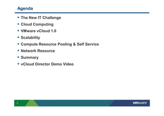 Agenda

    The New IT Challenge
    Cloud Computing
    VMware vCloud 1.0
    Scalability
    Compute Resource Pooling & Self Service
    Network Resource
    Summary
    vCloud Director Demo Video




2
 