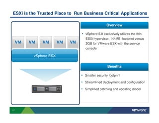 ESXi is the Trusted Place to Run Business Critical Applications

                                                  Overview

                                • vSphere 5.0 exclusively utilizes the thin
                                   ESXi hypervisor: 144MB footprint versus
                                   2GB for VMware ESX with the service
                                   console

         vSphere ESXi
                 ESX

                                                  Benefits

                                • Smaller security footprint
                                • Streamlined deployment and configuration
                                • Simplified patching and updating model




17
 