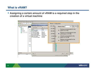 What is vRAM?

     Assigning a certain amount of vRAM is a required step in the
     creation of a virtual machine




32
 