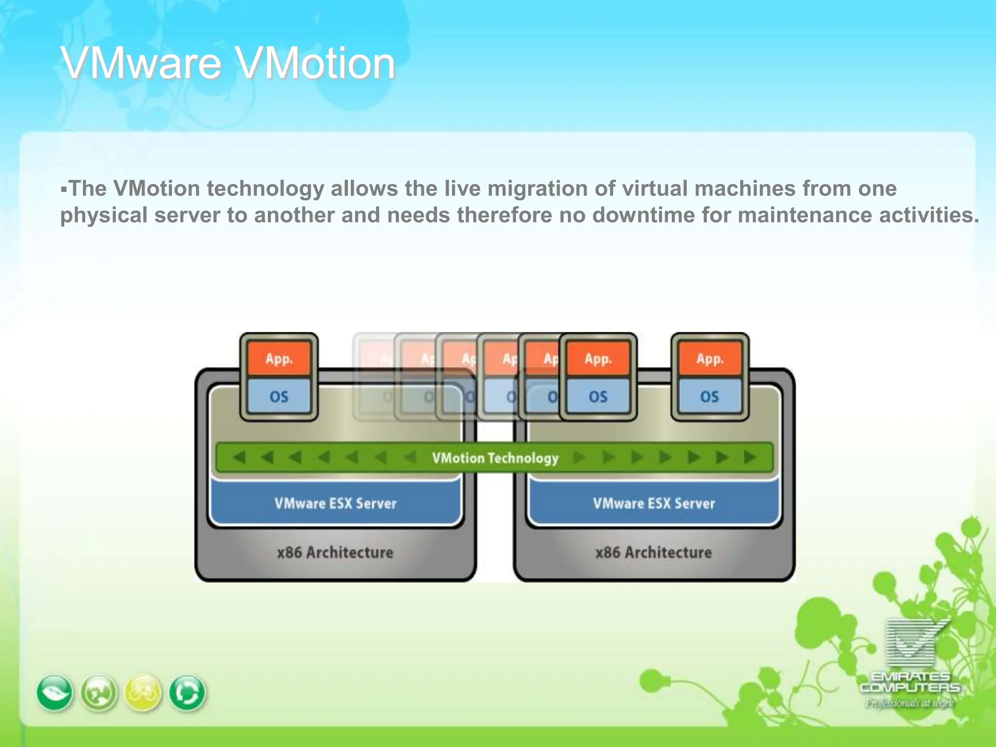 VMware VMotion
The VMotion technology allows the live migration of virtual machines from one
physical server to another and needs therefore no downtime for maintenance activities.
 