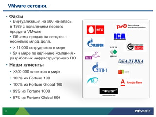 VMware сегодня.

• Факты
  • Виртуализация на x86 началась
    в 1999 с появлением первого
    продукта VMware
    • Объемы продаж на сегодня –
    несколько млрд. долл.
    • > 11 000 сотрудников в мире
    • 5я в мире по величине компания -
    разработчик инфраструктурного ПО
• Наши клиенты
    • >300 000 клиентов в мире
    • 100% из Fortune 100
    • 100% из Fortune Global 100
    • 99% из Fortune 1000
    • 97% из Fortune Global 500


2
 