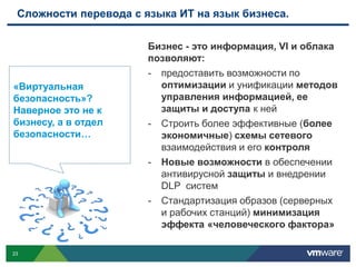 Сложности перевода с языка ИТ на язык бизнеса.

                       Бизнес - это информация, VI и облака
                       позволяют:
                       - предоставить возможности по
«Виртуальная             оптимизации и унификации методов
безопасность»?           управления информацией, ее
Наверное это не к        защиты и доступа к ней
бизнесу, а в отдел     - Строить более эффективные (более
безопасности…            экономичные) схемы сетевого
                         взаимодействия и его контроля
                       - Новые возможности в обеспечении
                         антивирусной защиты и внедрении
                         DLP систем
                       - Стандартизация образов (серверных
                         и рабочих станций) минимизация
                         эффекта «человеческого фактора»

23
 