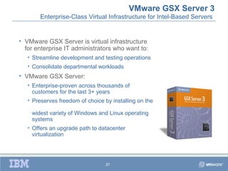 VMware GSX Server 3
        Enterprise-Class Virtual Infrastructure for Intel-Based Servers


• VMware GSX Server is virtual infrastructure
  for enterprise IT administrators who want to:
   • Streamline development and testing operations
   • Consolidate departmental workloads
• VMware GSX Server:
   • Enterprise-proven across thousands of
     customers for the last 3+ years
   • Preserves freedom of choice by installing on the

    widest variety of Windows and Linux operating
    systems
   • Offers an upgrade path to datacenter
     virtualization




                                  37
 