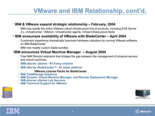 VMware and IBM Relationship, cont’d.
   IBM & VMware expand strategic relationship – February, 2004
     •   IBM now resells the entire VMware virtual infrastructure line of products, including ESX Server
         2.x, VirtualCenter, VMotion, VirtualCenter agents, Virtual Infrastructure Node
   IBM announces availability of VMware with BladeCenter – April 2004
     • Customers experience dramatically improved hardware utilization by running VMware software
       on IBM BladeCenter
     • IBM now resells custom blade bundles
IBM     announces Virtual Machine Manager – August 2004
     •   Free IBM Director extension that bridges the gap between the management of physical servers
         and virtual machines.
     •   IBM eServer xSeries - #1 8-way solution
     •   IBM eServer BladeCenter™ - #1 blade platform
                    •VMware License Packs for BladeCenter
     •   IBM TotalStorage Solutions
     •   IBM Director, Virtual Machine Manager, and Remote Deployment Manager
     •   IBM eServer xSeries Lab Services
     •   IBM Technical Support for VMware




                                                   7
 