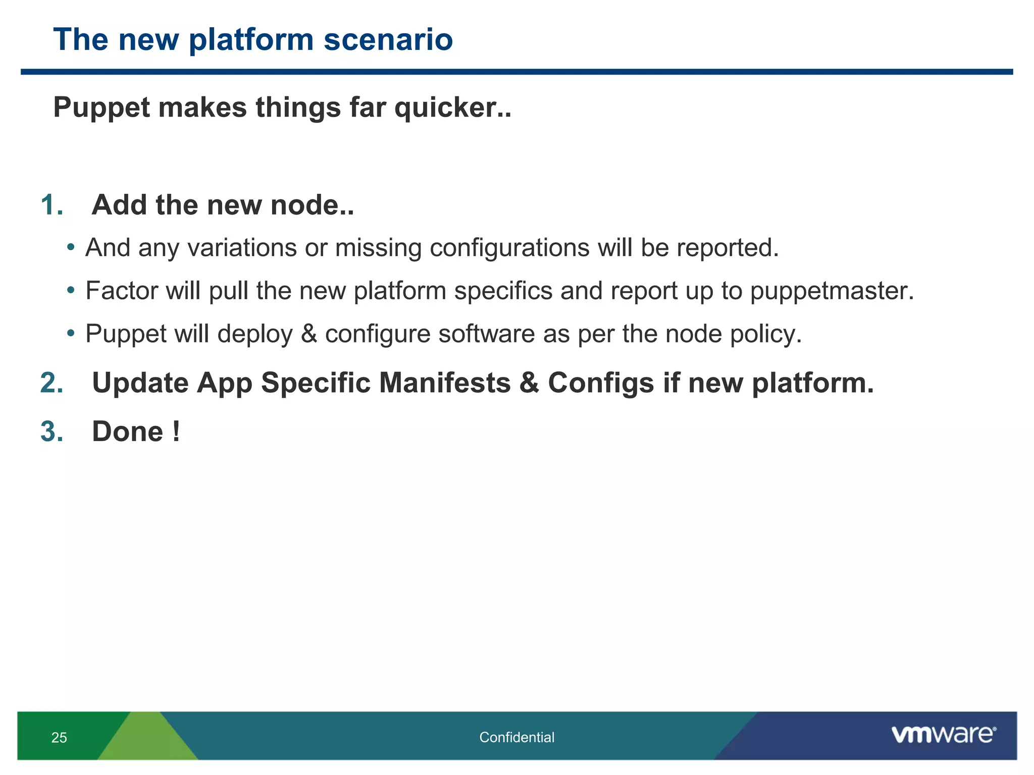 The new platform scenario
Puppet makes things far quicker..
1. Add the new node..
• And any variations or missing configurations will be reported.
• Factor will pull the new platform specifics and report up to puppetmaster.
• Puppet will deploy & configure software as per the node policy.
2. Update App Specific Manifests & Configs if new platform.
3. Done !
25 Confidential
 