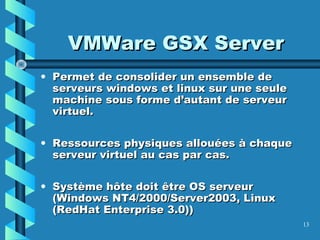 13
VMWare GSX ServerVMWare GSX Server
• Permet de consolider un ensemble dePermet de consolider un ensemble de
serveurs windows et linux sur une seuleserveurs windows et linux sur une seule
machine sous forme d’autant de serveurmachine sous forme d’autant de serveur
virtuel.virtuel.
• Ressources physiques allouées à chaqueRessources physiques allouées à chaque
serveur virtuel au cas par cas.serveur virtuel au cas par cas.
• Système hôte doit être OS serveurSystème hôte doit être OS serveur
(Windows NT4/2000/Server2003, Linux(Windows NT4/2000/Server2003, Linux
(RedHat Enterprise 3.0))(RedHat Enterprise 3.0))
 