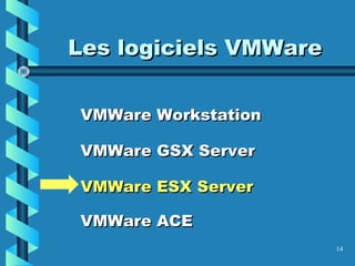 14
Les logiciels VMWareLes logiciels VMWare
VMWare WorkstationVMWare Workstation
VMWare GSX ServerVMWare GSX Server
VMWare ESX ServerVMWare ESX Server
VMWare ACEVMWare ACE
 