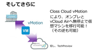そしてさらに
Closs Cloud vMotion
により、オンプレと
vCloud Airへ無停止で仮
想マシンを移行可能！
（その逆も可能）
但し、TechPreview
 
