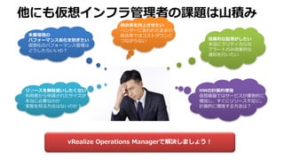 他にも仮想インフラ管理者の課題は山積み
本番環境の
パフォーマンス劣化を防ぎたい
仮想化のパフォーマンス管理は
どうしたらいいの？
統合率を向上させたい
ベンダーに言われたままの
統合率ではコストダウンに
つながらない
リソースを無駄遣いしたくない
利用者から申請されたサイズが
本当に必要なのか
実態を知る方法はないのか？
HWの計画的増強
仮想基盤ではサービスが爆発的に
増加し、すぐにリソース不足に。
計画的に増強する方法は？
vRealize Operations Managerで解決しましょう！
効果的な監視がしたい
本当にクリティカルな
アラートのみ効果的な
通知を行いたい
 