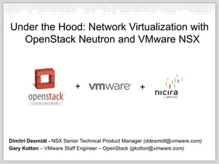 Under the Hood: Network Virtualization with
OpenStack Neutron and VMware NSX

+

+

Dimitri Desmidt - NSX Senior Technical Product Manager (ddesmidt@vmware.com)
Gary Kotton – VMware Staff Engineer – OpenStack (gkotton@vmware.com)

 