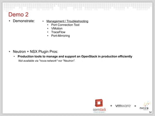 Demo 2
• Demonstrate:

• Management / Troubleshooting
• Port Connection Tool
• VMotion
• TraceFlow
• Port-Mirroring

• Neutron + NSX Plugin Pros:
• Production tools to manage and support an OpenStack in production efficiently
Not available via "nova-network" nor "Neutron".

14

 