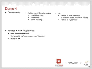Demo 4
• Demonstrate:

• Network and Security service
• Load-Balancing
• Firewalling
• Static Routing

• HA
• Failure of NVP elements
(Controller Node, NVP-GW Node)
• Failure of Hypervisor

• Neutron + NSX Plugin Pros:
• Rich network services
Not available via "nova-network" nor "Neutron".

• Build-in HA

18

 