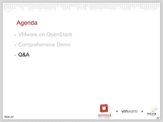 Agenda
‣
‣

Comprehensive Demo

‣

Slide 22

VMware on OpenStack

Q&A

22

 