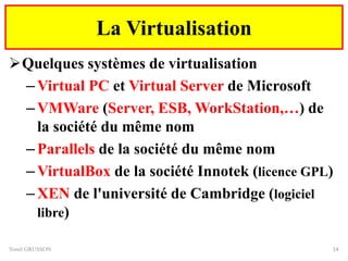 Quelques systèmes de virtualisation
–Virtual PC et Virtual Server de Microsoft
–VMWare (Server, ESB, WorkStation,…) de
la société du même nom
–Parallels de la société du même nom
–VirtualBox de la société Innotek (licence GPL)
–XEN de l'université de Cambridge (logiciel
libre)
Yonel GRUSSON 14
La Virtualisation
 