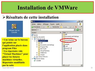 Installation de VMWare
Résultats de cette installation
Yonel GRUSSON 20
• Une icône sur le bureau
qui pointe sur
l'application placée dans
program Files
• Un répertoire vide
"Virtual Machines" pour
placer les futures
machines virtuelles.
Répertoire modifiable
par la suite
 