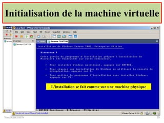 Initialisation de la machine virtuelle
Yonel GRUSSON 29
La machine virtuelle possède son propre
boot qui permet par exemple au
démarrage de charger une image depuis
un serveur RIS à l'aide d'un boot PXE
Ici , disque virtuel n'étant pas initialisé
avec un OS le démarrage se fait sur le CD
L'installation se fait comme sur une machine physique
 