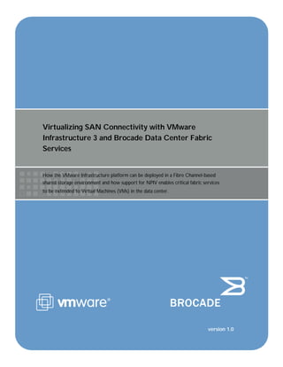 Virtualizing SAN Connectivity with VMware
Infrastructure 3 and Brocade Data Center Fabric
Services


How the VMware Infrastructure platform can be deployed in a Fibre Channel-based
shared storage environment and how support for NPIV enables critical fabric services
to be extended to Virtual Machines (VMs) in the data center.




                                                                              version 1.0
 