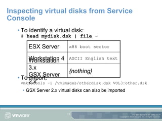 Inspecting virtual disks from Service Console To identify a virtual disk: #  head mydisk.dsk | file – To import: vmkfstools –i /vmimages/otherdisk.dsk VOL3:other.dsk GSX Server 2.x virtual disks can also be imported {nothing} Workstation 3.x GSX Server 2.x ASCII English text Workstation 4 x86 boot sector ESX Server 