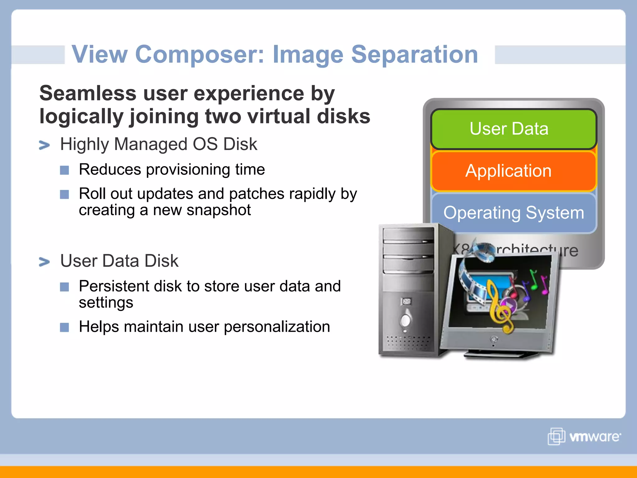 View Composer: Image SeparationSeamless user experience by logically joining two virtual disksHighly Managed OS DiskReduces provisioning time Roll out updates and patches rapidly by creating a new snapshotUser Data DiskPersistent disk to store user data and settingsHelps maintain user personalizationUser DataApplicationApplicationOperating SystemOperating SystemX86 Architecture