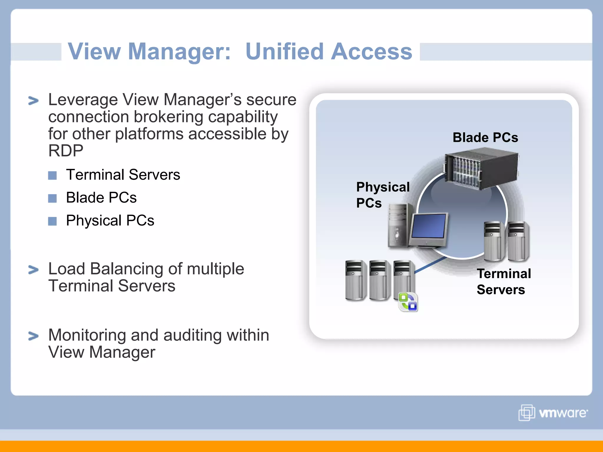 View Manager:  Unified AccessLeverage View Manager’s secure connection brokering capability for other platforms accessible by RDPTerminal ServersBlade PCsPhysical PCsLoad Balancing of multiple Terminal Servers  Monitoring and auditing within View ManagerBlade PCsPhysical PCsTerminal Servers