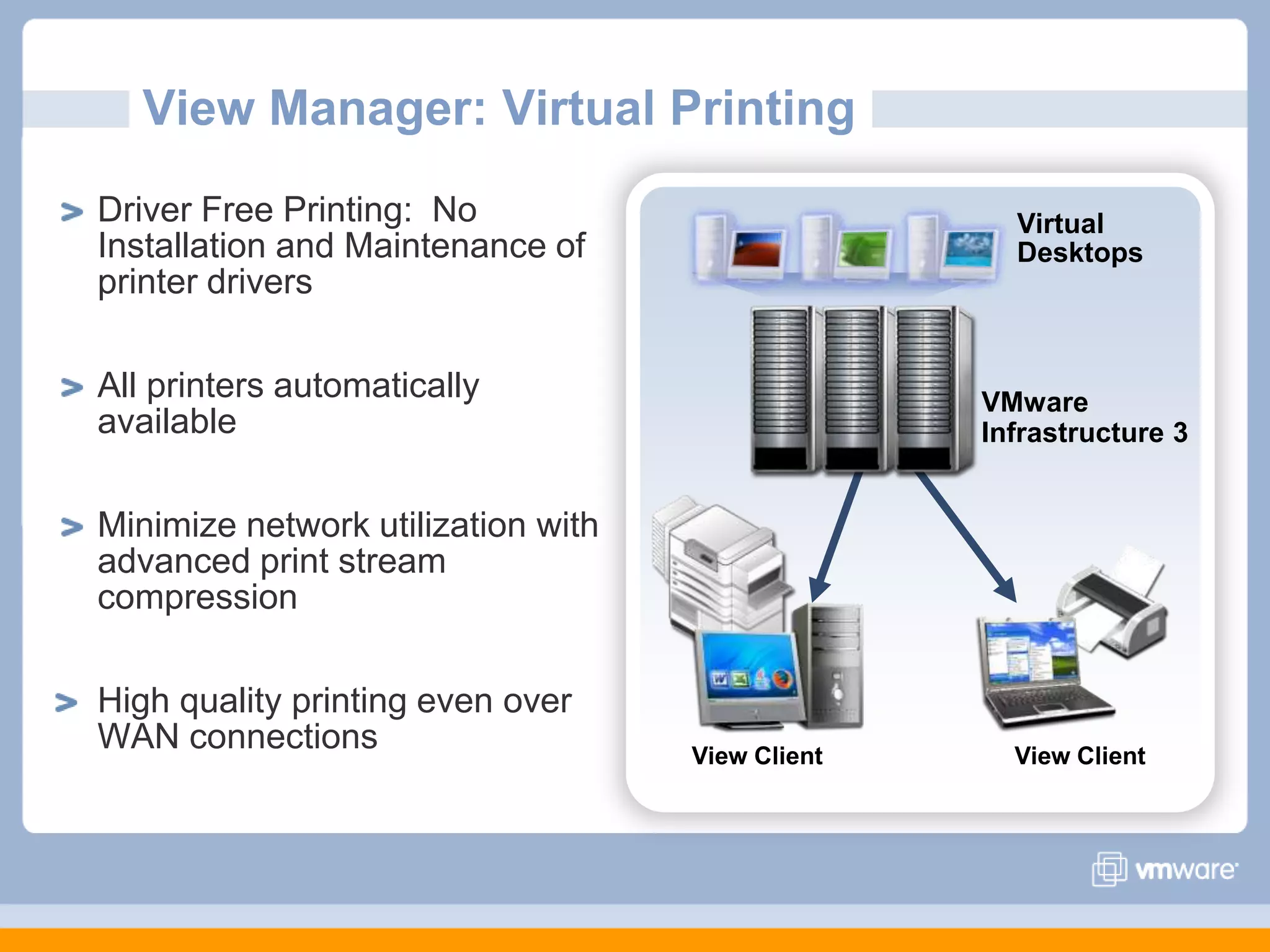 View Manager: Virtual PrintingDriver Free Printing:  No Installation and Maintenance of printer driversAll printers automatically availableMinimize network utilization with advanced print stream compressionHigh quality printing even over WAN connectionsVirtual DesktopsVMware Infrastructure 3View ClientView Client