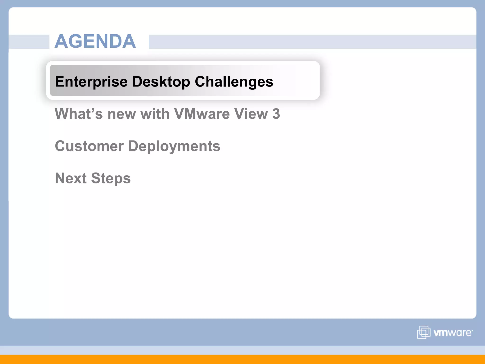 AGENDAEnterprise Desktop Challenges What’s new with VMware View 3Customer DeploymentsNext Steps