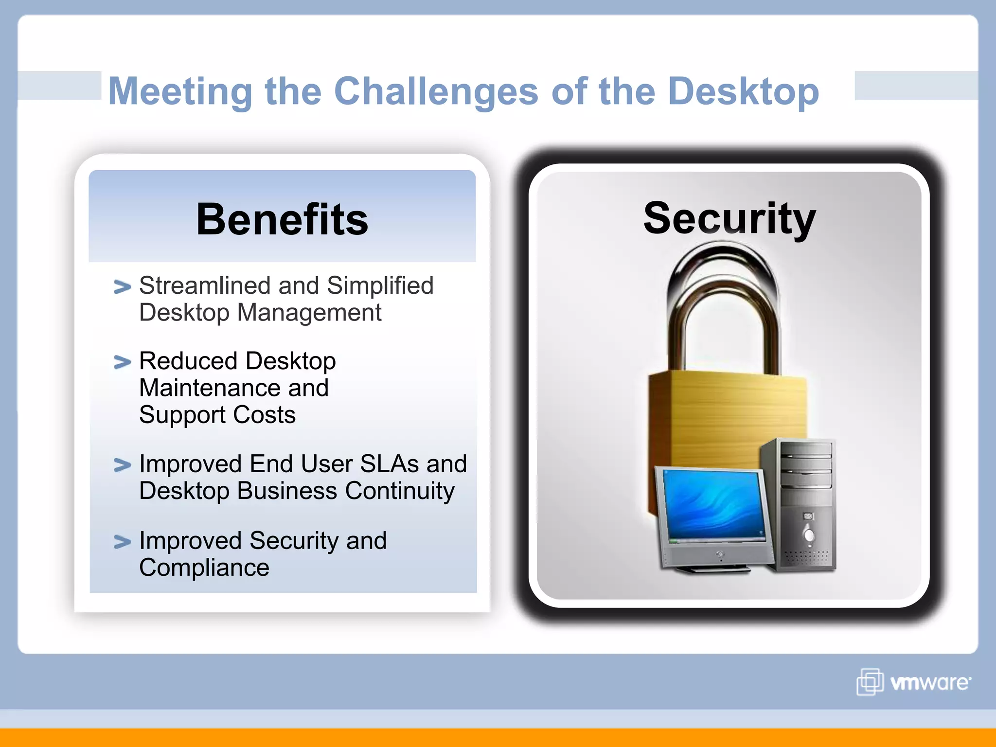 Meeting the Challenges of the DesktopManagementLower CostsFlexibilitySecurityBenefitsStreamlined and Simplified Desktop ManagementReduced Desktop Maintenance and Support Costs$Improved End User SLAs and Desktop Business ContinuityImproved Security and Compliance