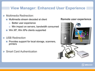 View Manager: Enhanced User ExperienceMultimedia Redirection:Multimedia stream decoded at clientBetter user experienceMin impact on servers, bandwidth consumedWin XP, Win XPe clients supportedUSB RedirectionProvides support for local storage, scanners, printersSmart Card AuthenticationRemote user experience