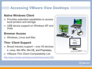Accessing VMware View DesktopsNative Windows ClientProvides extended capabilities to access local printers and storageUSB device support on Windows XP and VistaBrowser AccessWindows, Linux and MacThin- Client SupportBroad industry support – over 45 devicesLinux, Win XPe, Win CE, and ProprietaryVMware Thin Client Compatability Listhttp://www.vmware.com/resources/techresources/1053