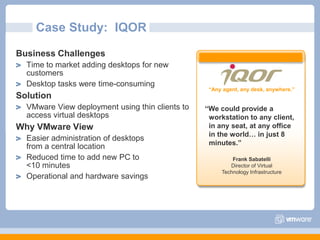 Case Study:  IQORBusiness ChallengesTime to market adding desktops for new customersDesktop tasks were time-consumingSolutionVMware View deployment using thin clients to access virtual desktops Why VMware ViewEasier administration of desktops from a central locationReduced time to add new PC to <10 minutesOperational and hardware savings“Any agent, any desk, anywhere.”“We could provide a workstation to any client, in any seat, at any office in the world… in just 8 minutes.”Frank SabatelliDirector of Virtual Technology Infrastructure