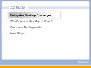 AGENDAEnterprise Desktop Challenges What’s new with VMware View 3Customer DeploymentsNext Steps